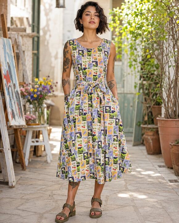Tulip B Dresses & Skirts - Tulip B Spring Stamps Cotton Fit & Flare Midi Dress Size S NWT Pockets Belted
